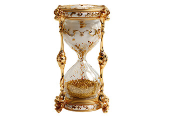 An ornate gold hourglass with flowing sand against a black background