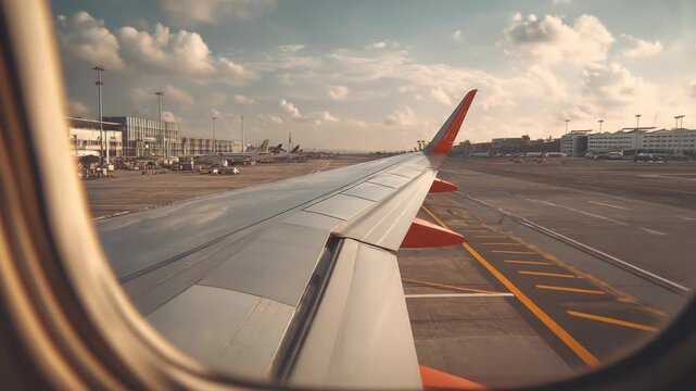 View from an airplane window of the wing and airport runway