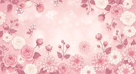 Floral background with pink roses and dahlias creating a soft design