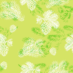 seamless continuous pattern of white Christmas tree branches and cones on a green background.eps