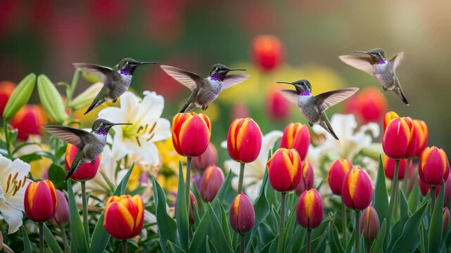 A lively scene of hummingbirds flitting among vibrant tulips and white flowers in a lush garden setting showcasing colorful spring blooms and active birdlife.