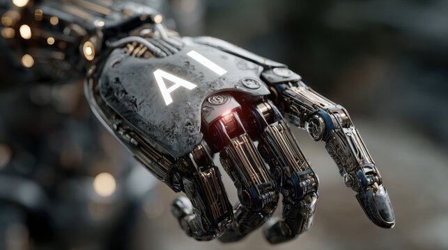 Metallic robot hand shows the Ai symbol on its palm indicating artificial intelligence future technology, content generator Ai - Powered by Adobe