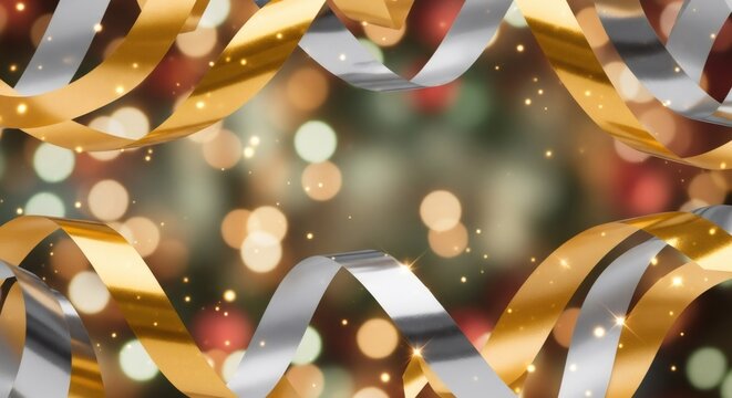 Gold and silver ribbons with sparkling bokeh background. Festive celebration concept. Holiday party decoration and greeting card design element.