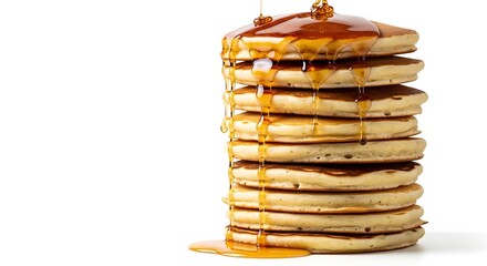 Tall stack of golden brown pancakes drizzled with syrup isolated on white background