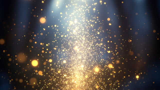 黄金に輝く光の粒子とラグジュアリーな抽象背景 キラキラと煌めくゴールドのパーティクルと美しいボケ効果 宇宙やイルミネーションを連想させる幻想的な光の帯と塵