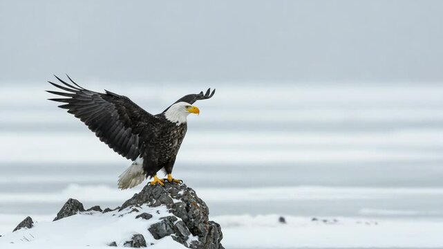 A striking image of a majestic bald eagle perched on a snow-covered rock amid a cold winter landscape, capturing the strength and serenity of wild wildlife.