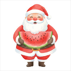 Santa Claus holding a watermelon slice during Christmas, watercolor illustration isolated on white background
