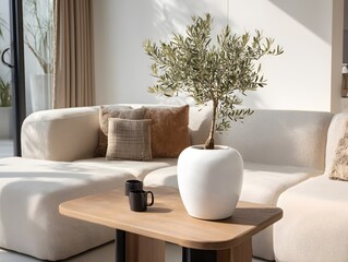 Serene Interior Plant, Sofa, and Peaceful Sunlight
