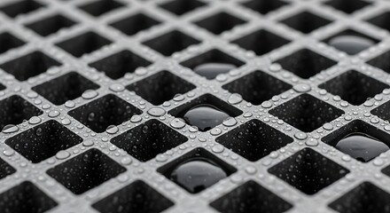 Water droplets on a metal grid viewed from above in an industrial setting