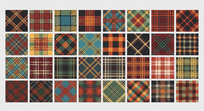 An array of 35 square plaid patterns with varied color schemes arranged in a grid against a light gray background