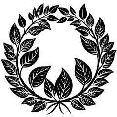 Black and white circular laurel wreath made of stylized leaves isolated on