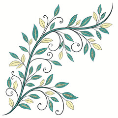 Decorative teal and yellow leaf vine corner flourish isolated on