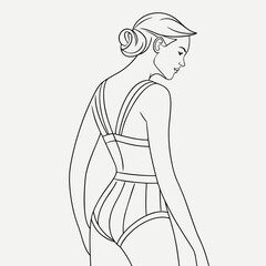 Line art illustration of a woman in a stylish onepiece swimsuit isolated on