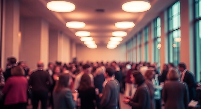 A vibrant gathering of people in a modern hall, illuminated by contemporary lighting fixtures