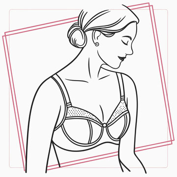 Line art illustration of a woman wearing a supportive underwire bra isolated on