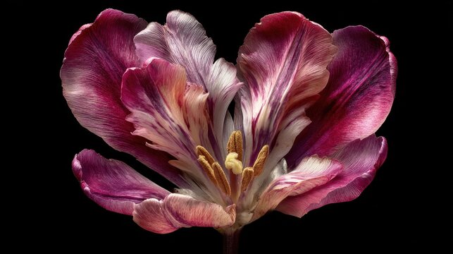 Tulip blooms forming heart shape against black backdrop, high quality close-up flower still life on dark surface - Powered by Adobe