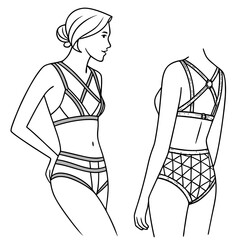 Line drawing of a woman modeling a strappy harness bra and matching brief
