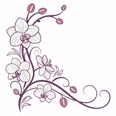 Orchid flower corner design in purple outline isolated on