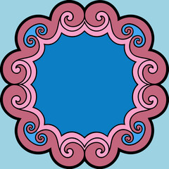 Ornate pink and blue scalloped frame with decorative swirl border design