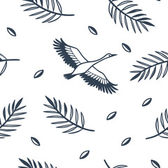 Seamless pattern with a flying goose and dark blue fern leaf motif