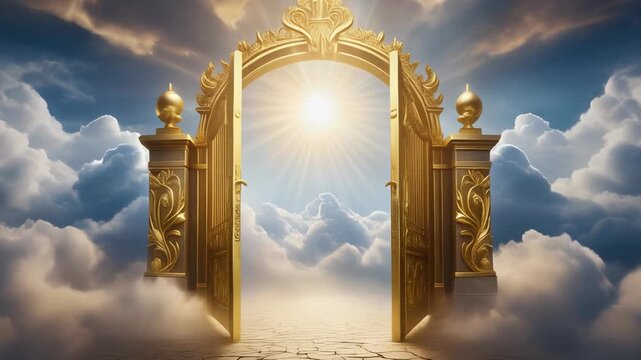 Ornate golden gates opening into bright heavenly light with clouds, suggesting passage into another realm or spiritual journey.