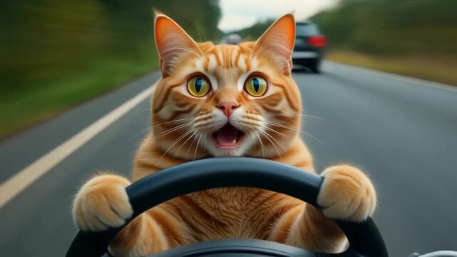 Funny ginger cat driving car on road, surprised expression. Animals, vehicles and transportation concept.