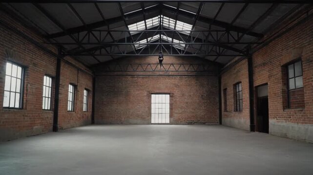 Spacious warehouse interior with exposed brick walls, skylights, and a polished concrete floor creating an industrial loft aesthetic.