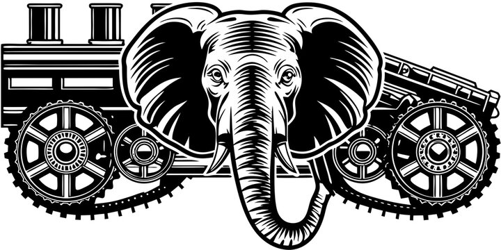 A close-up of an elephant's head with steampunk elements, rendered in 3D. The elephant's head is a metallic grey color, with orange rust spots. The background is a complex machine with a lot of.