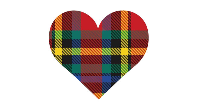 A heart shape filled with a colorful plaid pattern of red green blue yellow and black lines