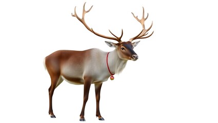 Fototapeta premium Graceful reindeer with majestic antlers isolated on white background, adorned with festive collar and bell