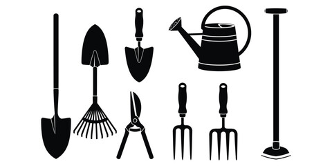 Black Silhouette Garden Tools and Tools on White Background