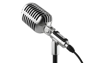Classic silver microphone on a white background perfect for recording music vocals or broadcasting podcast audio for professional presentations