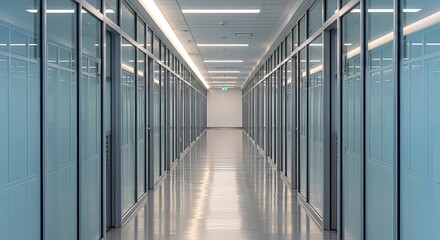 Obraz premium Architectural perspective of a modern office hallway with transparent glass panels