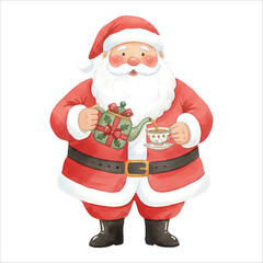 Santa Claus holding a teapot during Christmas, watercolor illustration isolated on white background
