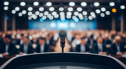 Audience anticipation: A microphone awaits the speaker at a conference venue