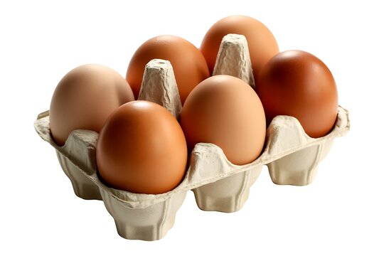 Six fresh brown eggs in a carton against a white background ready for cooking breakfast or baking a delicious cake - Powered by Adobe