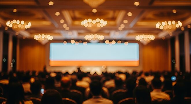 Audience at large conference venue with stage and screen for presentations and events