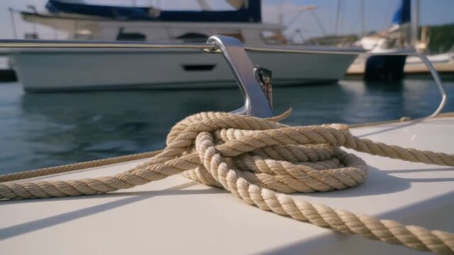 Close-up of mooring rope on a sailing boat in water, preparing for sail. Boating in the marina on a sunny day, marine equipment detail shot.