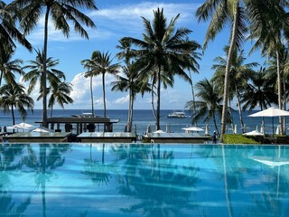 Fototapeta premium Palm Trees Reflected in Infinity Pool Facing the Sea, Philippines