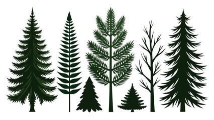 Fototapeta premium Collection of stylized evergreen trees and bare branches in dark green silhouette