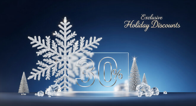 Scene with snowflake, trees, diamond, and 30% discount on pedestal, representing holiday deals and promotions, perfect for seasonal sales campaigns - Powered by Adobe