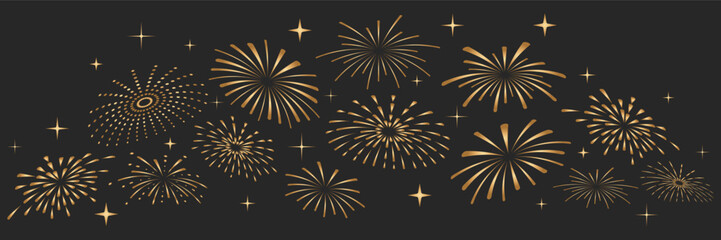 Golden fireworks and sparkling stars scattered across a clean white background. A festive vector pattern ideal for celebration designs, New Year themes, party graphics, and holiday layouts.