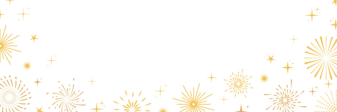 Golden festive fireworks border with decorative starbursts and sparkles on white background. Bright fireworks vector pattern perfect for holiday cards, invitations and celebration designs.