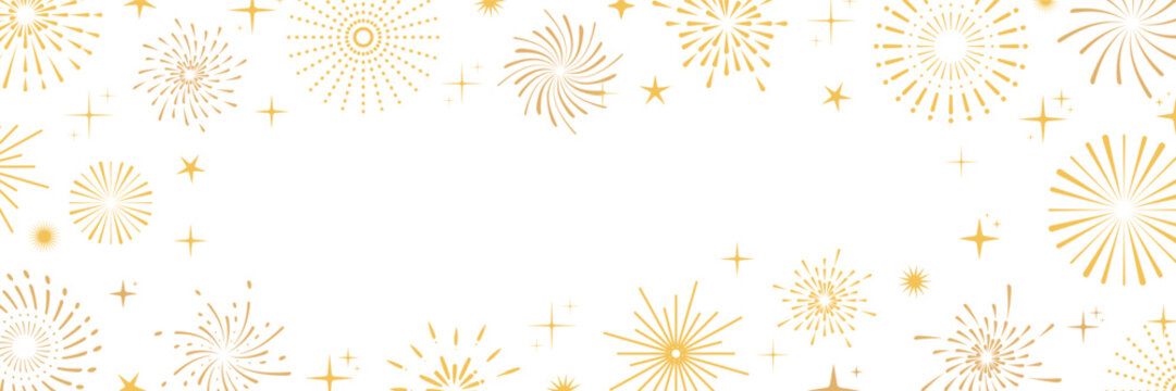 Golden fireworks and sparkling stars forming an elegant festive frame on a white background. Perfect vector design for New Year, celebration posters, greeting cards, and holiday banners.