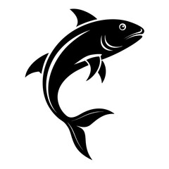 Fototapeta premium Stylized black silhouette of a leaping fish in a dynamic pose, isolated on a clean white background, evoking movement and freedom. isolated on white background, Vector, illustration