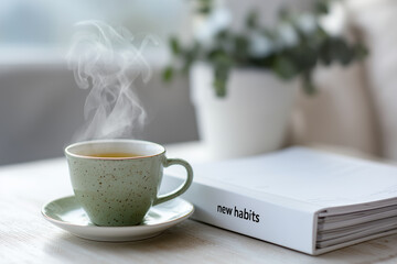 close-up steaming herbal tea beside open planner labeled "New habits" peaceful morning atmosphere, 