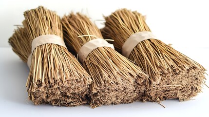 Three bundles of dried wheat stalks tied with twine on a white background