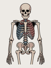 Anatomical Illustration of a Human Skeleton with Rib Cage Pelvis Skull and Limbs Depicted Against a Plain Backdrop in Muted Tones