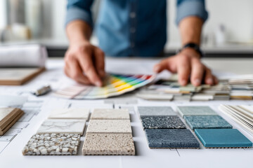 interior designer comparing marble samples and color swatches on desk with blueprint, creative workflow, close-up,