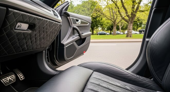 Modern car interior with meticulous quilted detailing and an open door offering a glimpse of a vibrant street scene and lush green trees, hinting at a comfortable journey ahead
